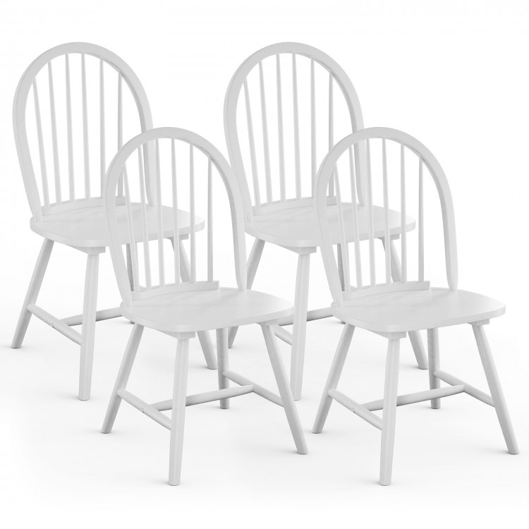 Set of 4 white vintage Windsor wood chairs with spindle backs, ergonomic seats for dining room comfort and style.
